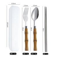 Transparent Box + Large Pointed Spoon, Fork, Chopsticks + Brown Bamboo Handle