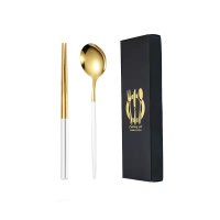 White and Gold Spoon and Chopsticks Set
